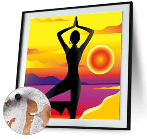 ARVALOLET Set per pittura con numeri, per adulti, tramonto yoga, pittura a olio, fai da te, 40 x 40 cm