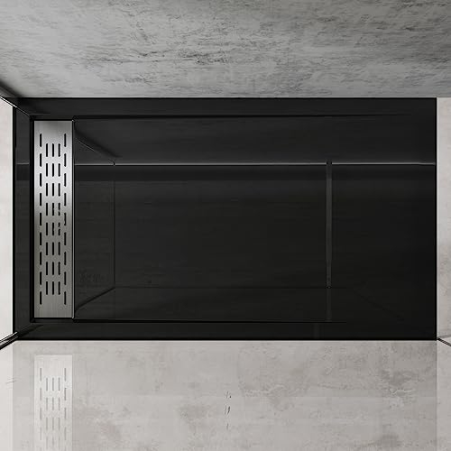 Plato de Ducha Plano Rectangular 80x140x5 cm Acrílico Negro | Instalación a Ras de Suelo | Conexiones DIN | Xetro04