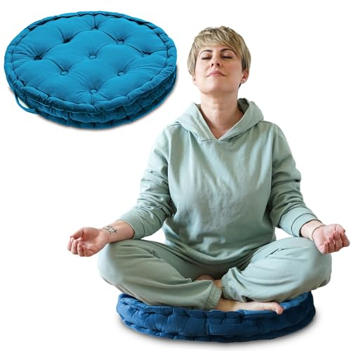 Amazinggirl Meditationskissen Yoga Kissen Bodenkissen 58 cm - Yogakissen Sitzkissen Boden rund und groß Pouf Sitzpouf Bodensitzkissen Meditation Zubehör wetterfest für Outdoor und Indoor Blau