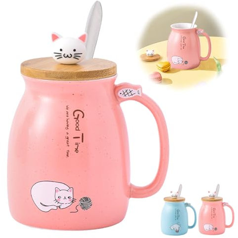 Ryvera Katzen Tasse Süße Keramik Kaffeetasse mit Deckel, Valentinstag Geschenke für Frauen, 420ML Edelstahl Löffel Kawaii Tasse Milch Katzen Becher Teetasse Geburtstagsgeschenk für Frauen Mädchen,Rosa