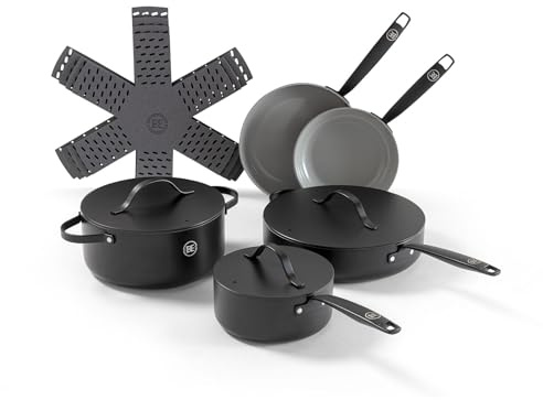 BE Living 12-piece Cookware set - PFAS free Ceramic pans induction - Suitable for all heat sources - Frying pan, Casserole & Casserole - Black