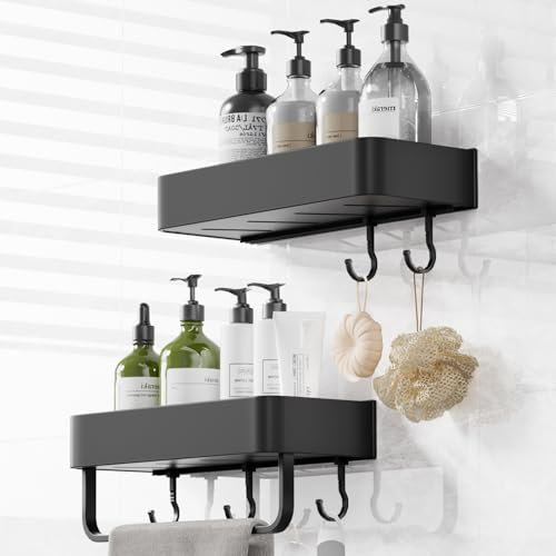 Bellovero Duschablage Ohne Bohren,2 Stück Rostfreies Duschregal ohne Bohren,Badregal aus Aluminiumlegierung mit Waschlappen und Haken,Leichter Badezimmer Organizer Großer Kapazität (Schwarz)