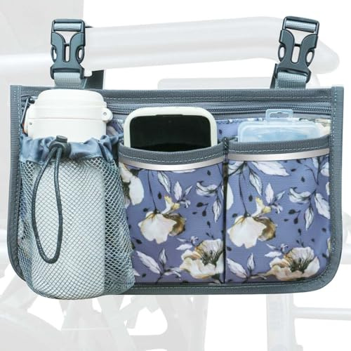 SHIFANQI Wheelchair Bag, Walker Bag, Wheelchair Side Bag, Armrest Organizer Pouch with Cup Holder Attachment and Reflective Strip, Accessories for Most Wheelchairs, Walker, Rollators Purple-Malus