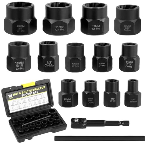 QWORK® 15 st skruv- och mutterborttagare, skruvdragare 6,35–19 mm, perfekt för att ta bort skruvar, rostiga, slitna bultar
