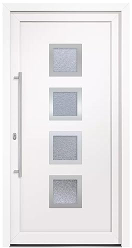 HORI Haustür Komplettset I Eingangstür aus Kunststoff mit 2-fach ISO Wärmeschutzglas I Stoßgriffset inkl. Edelstahlgriff & 5-fach Pilzkopf-Verriegelung - Farbe: weiß - DIN links - Modell: Square - 198