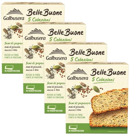 4X Galbusera BelleBuone 5 Colazioni Fette Spesse con Semi di Papavero, Girasole, Zucca e Lino 200g