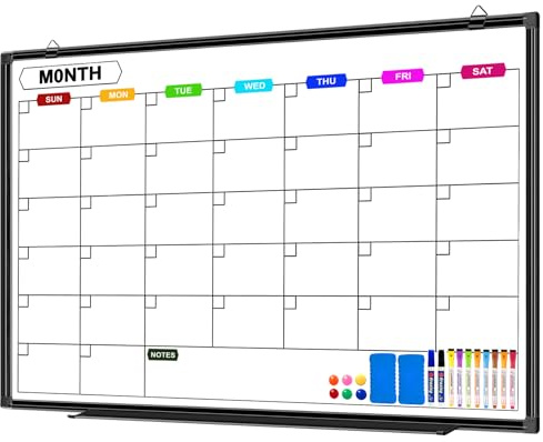 CALENBO Dry Erase Calendar Whiteboard for Wall 36 x 24, Magnetic Monthly White Board Calendar Dry Erase with Tray, Black Aluminum Frame Bulletin Board for Office Home and School