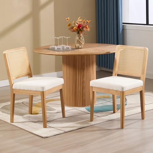 chairus Juego 2 de Sillas de Comedor Madera Sillas Cocina de Rústico con Respaldo Ratán, Sillas Restaurante Tapizadas de Chenilla Sillas de Salón Sencillas para Hogar, Blanco