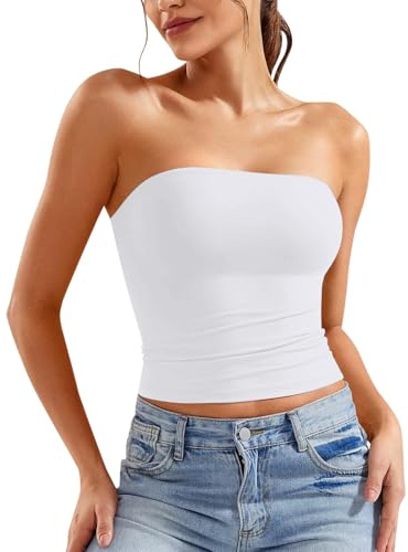 DaPongZhi Bandeau Tube Top Femme Sexy Haut Court Dos Nu T-Shirt Caraco sans Bretelles Débardeur Sans Manches Y2K Crop Top Bustier Couleur Unie Mode Slim Fit Tube Tops