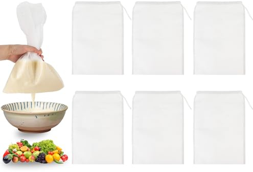 6PCS Reusable Straining Bag, 25 x 35cm Cheese Cloth Drawstring Bags Nylon Strainer Bag Muslin Cloths for Straining, for Nut Milk, Soy Milk, Grape Juice, Jelly,Yogurt, Food Straining