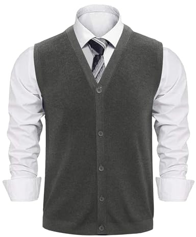 Sykooria Gilet Uomo Cardigan Cotone Senza Maniche con Bottoni Reali Scollo a V Maglia Fine per Business Casual Primavera Autunno, Grigio Scuro M