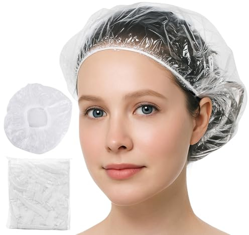 100PCS Disposable Shower Caps,Waterproof Hair Caps,Multi-Purpose Thickened Plastic Elastic Bath Caps for Women, Home Use,Hair Salon, Spa, Travel, Hotel, Shower（White）