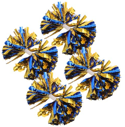 Ciieeo Lot de 4 Pompons de Cheerleading avec Poignées Moyen Format Bleu et Or Métallisé, Accessoires Scintillants pour Équipes de Danse et Événements Sportifs, Pompons Portables