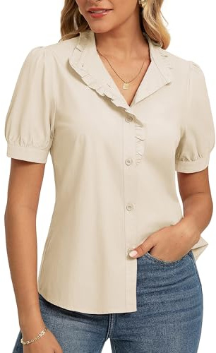 GRACE KARIN Women's Cotton Button Shirt Elagent Ruffled Stand Collar Top Dressy Short Puff Sleeve Blouse