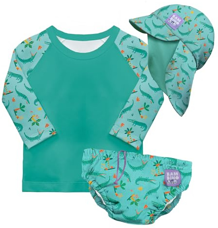 Bambino Mio Conjunto de pañales de natación reutilizables para bebé y niño pequeño unisex (6-12 meses) COCODRILO ASTUTO, protección UPF 40+ | pañales de baño, camiseta y gorro de baño