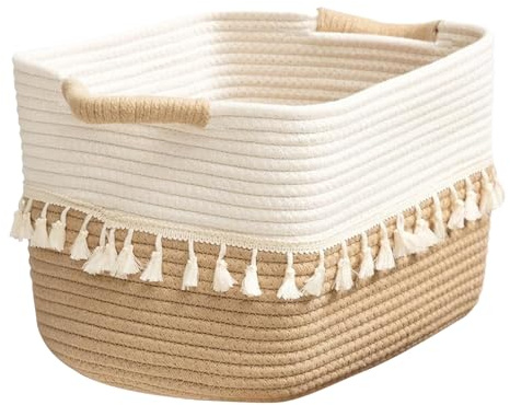 Cesta de almacenamiento tejida con asas, cesta de lavado para lavandería, cestas de almacenamiento tejidas de cuerda de algodón, cestas de almacenamiento cuadradas, organizadora de tela