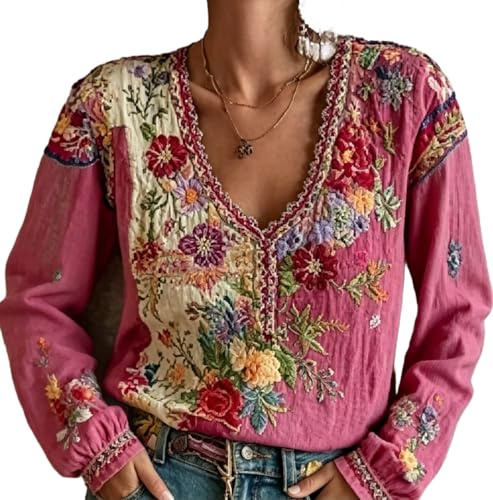 AnLingOu Tunique pour Femmes Rétro en Coton Et Lin à Fleurs Brodées, Col en V, Blouse Ethnique Bohème à Manches Longues Et Ample