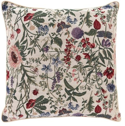 Signare Tapestry Cushion Cover 18 x18 inches 45cm x 45cm Decorative Sofa Cushions with Garden Flower and Creatures (Morning Garden, CCOV-MGD)