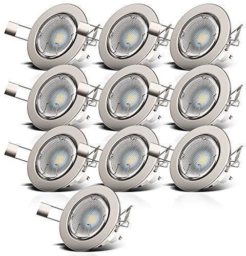 B.K.Licht - 10er Set LED Einbaustrahler 230V schwenkbar, warmweiße Lichtfarbe, Lochmass 68mm, LED Spot, Deckenspots, Spots, Einbauleuchten, Einbauspots, Deckenstrahler, 86x70 mm, Matt-Nickel
