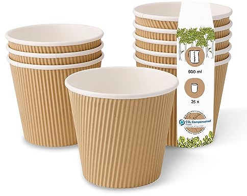 BIOZOYG Einweg Bio Suppen-Becher To Go Suppen Einweggeschirr I Riffelbecher Suppen Kraft-Karton-Becher weiß/braun, ungebleicht I 25 Einweg-Becher kompostierbar 500 ml