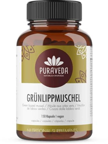 Puraveda Grünlippmuschel 150 Kapseln - 1650 mg Grünlippmuschelpulver pro Tagesdosis - hochdosiert - GAG und Omega 3 - OHNE Magnesiumstearat - deutsche Manufakturabfüllung