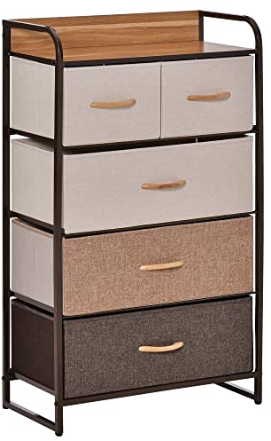 HOMCOM 5-Drawer Dresser Tower 3-Tier Storage Organizer with Steel Frame Wooden Top for Bedroom Hallway Closets