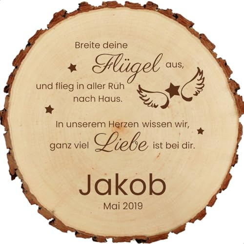 Baumscheibe 23cm mit Gravur (Namen, Datum) personalisierte Holz-Gedenktafel, Sternenkinder Grabschmuck, Trauer, Andenken an verstorbene Kinder, Grab-Dekoration, Engels-Flügel Sternen MotivTR3