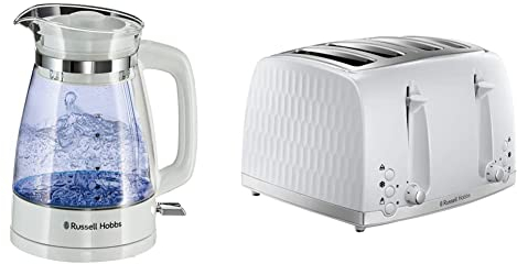 Russell Hobbs 26081 Classic Glass Kettle White & 26070 4 Slice Toaster - Contemporary Honeycomb Design with Extra Wide Slots and High Lift Feature, White