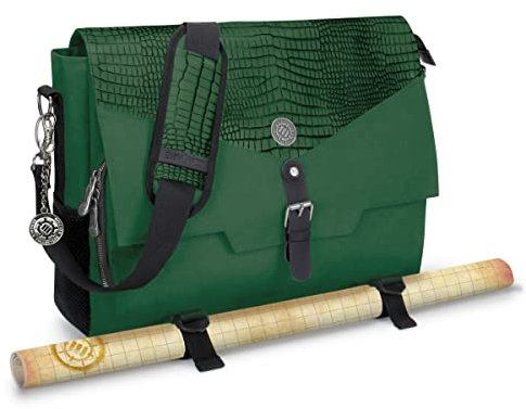 ENHANCE Player's Essentials DND-Tasche, Sammleredition - Umhängetasche aus Drachenhaut für 2–4 Bücher, Ordner, Würfel und Zubehör, mit 17-Zoll-Laptop-Steckplatz, Battlemap-Riemen (Drachen Grün)