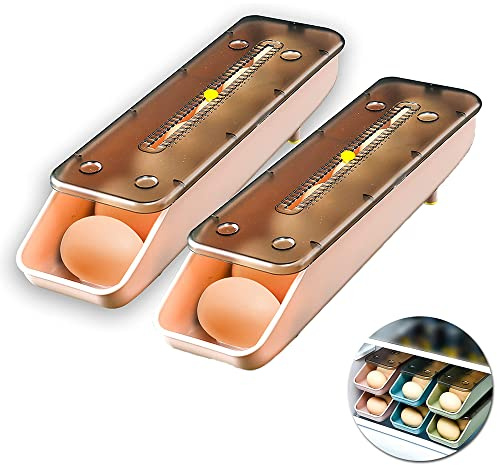Ygapuzi Lot de 2 boîtes de rangement pour œufs pour réfrigérateur Porte-œufs roulant automatique pour ménage empilable Boîte de rangement pour œufs avec couvercle transparent Plateaux à œufs (Rose)