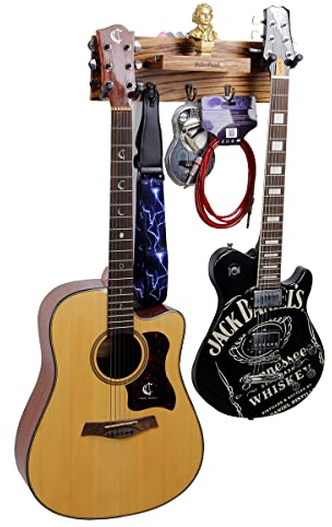 Gitarrenwandhalterung,Massivholz, Gitarrenwandaufhänger mit 3 Aufbewahrungshaken und 2 drehbaren Gummi Gitarrenaufhängern,Gitarrenständer mit Ablage und Plektrum Halter