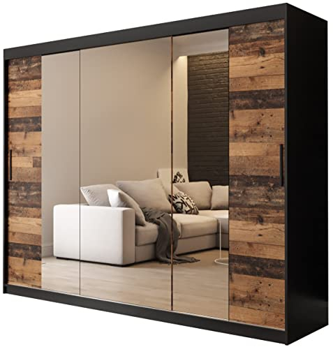 KRYSPOL Schiebetürenschrank Old Style T2 250 cm Kleiderschrank mit Spiegel Einlegeboden Schlafzimmer- Wohnzimmerschrank Schiebetüren Modern Design (Schubladen: 2)