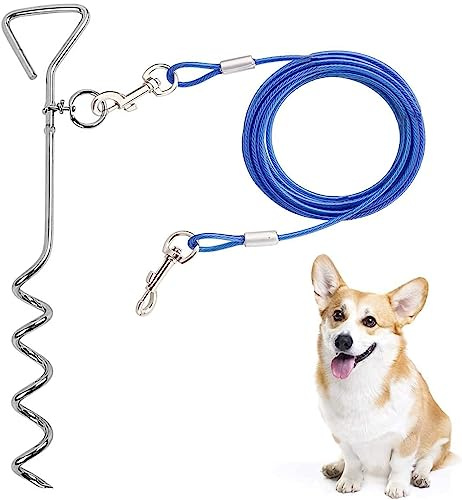 Cable de amarre para perros y estaca para acampar al aire libre y patios, ideal para perros pequeños, medianos y grandes (5, azul)