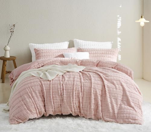 Lanqinglv Biancheria da letto in peluche 155 x 220 cm, in pelliccia sintetica rosa, soffice, invernale, calda e morbida flanella, in pile cashmere, copripiumino con chiusura lampo e 1 federa 80 x 80
