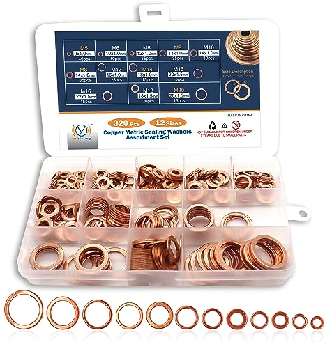 DIYoung 320pcs Kupferdichtringe Sortiment Flache Unterlegscheiben set Sicherungsscheiben Kupfer Geeignet für Automobile Schiffe Generatoren Maschinen und Geräte (M5-M20)
