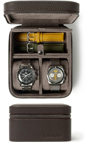 TAWBURY Leder-Uhrenetui für Reisen mit Aufbewahrungsfach - Uhrenbox für 2 Uhren | Herren Reise | Braun | Watch Box Travel