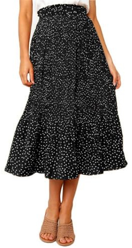 Oyamiki - Faldas largas plisadas de verano para mujer, de cintura alta, casual, con lunares, para vacaciones, con bolsillos, falda midi, Negro, XL