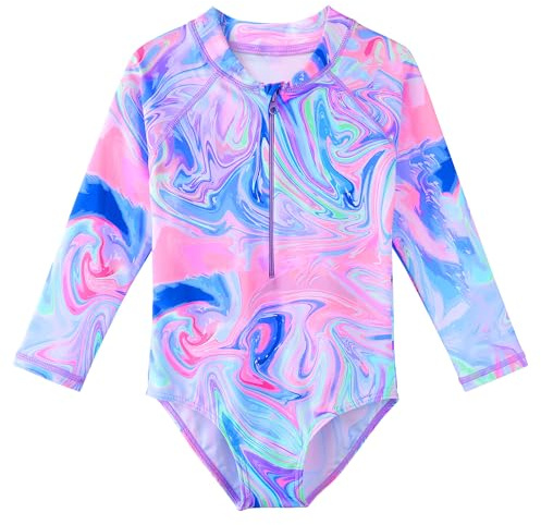 HUAANIUE Bañador de 1 pieza para niñas, protección anti-UV UPF 50+, traje de baño para niñas con braguita triangular y mangas largas, 4-11 años, 7-8 años