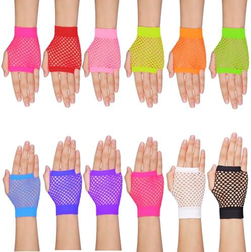 Lusofie 12 Pairs Neon Fishnet Gloves - Short Fingerless Gloves - Assorted Colors Glove for 80s Accessories Halloween Neon Party Accessories Fancy Dress