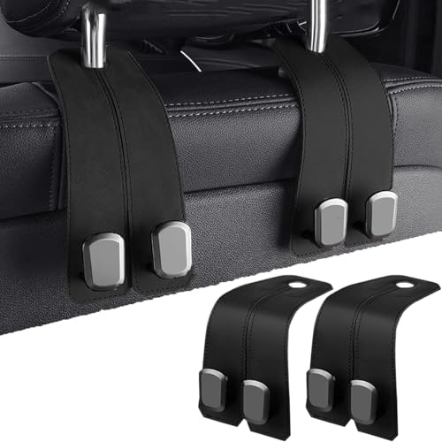 Car Seat Back Double Hooks, 2 Pcs Leather Car Seat Organiser Hooks Headrest Hanger, Universal Car Hanger Storage Car Back Seat Organizer for Handbag Purses Bags (Black1)
