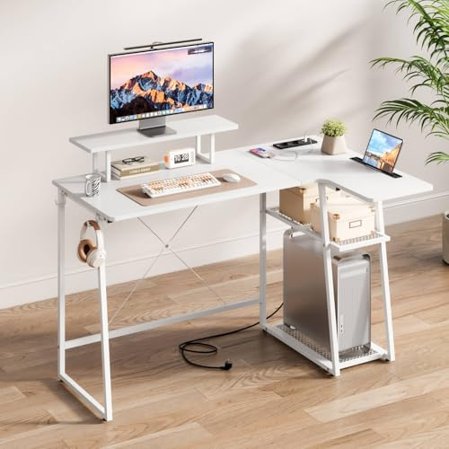 Dripex L-förmiger Schreibtisch, Eckschreibtisch mit USB&Steckdose, Gaming Tisch mit Regal, Computertisch mit Abnehmbarer Monitorhalterung, Eckschreibtisch für Büro Home Office, Weiß 120cm