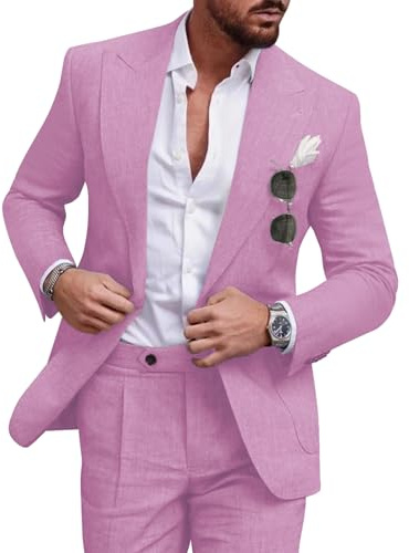 UNINUKOO Linen Suit for Men Summer Wedding 2 Piece Suit Set Peak Lapel Casual Blazer Pants Beach Wear for Men US Size L Lavender