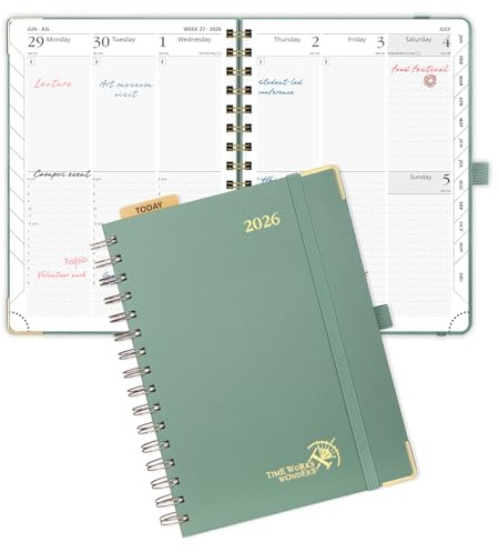 POPRUN Week to View 2026 Diary A5 (21.5x16 cm) Spiral Hard Cover Weekly Work Planner 26 with Large Writing Space, Monthly Tabs, 100GSM Paper (Midnight Green)