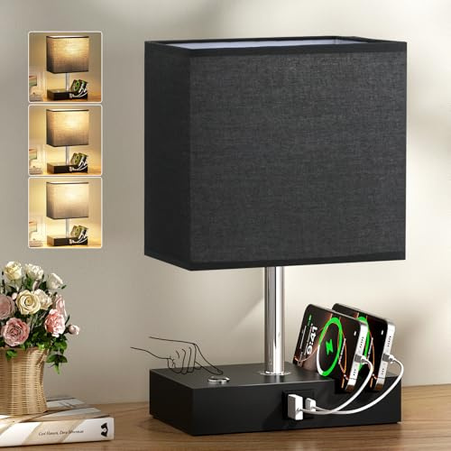 PreeOtti Black Bedside Lamp, Touch Lamp with USB Charging Station | USB A+C Charging Ports, Touch Lamps Bedside with 2 Phone Slots, Wood Charger Organizer for Dorm, Study, Office(Bulb Included)