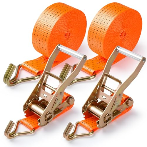 2Pack Heavy Duty Ratchet Straps 5cm x 6m, 7500lbs Breaking Strength Tie-Down Ratchet with J-Hook, 100% Polyester Webbing Lashing Strap for Transport Trailers, Trucks, Cars, Motorcycles-Orange