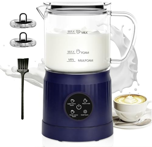 Casimhu 4 en 1 Espumador de Leche Eléctrico, Creador de Espuma Fría y Caliente, Espumador Leche Eléctrico, Calentador de Leche para Café, Latte, Capuchino, Vidrio, Blanco (Azul)