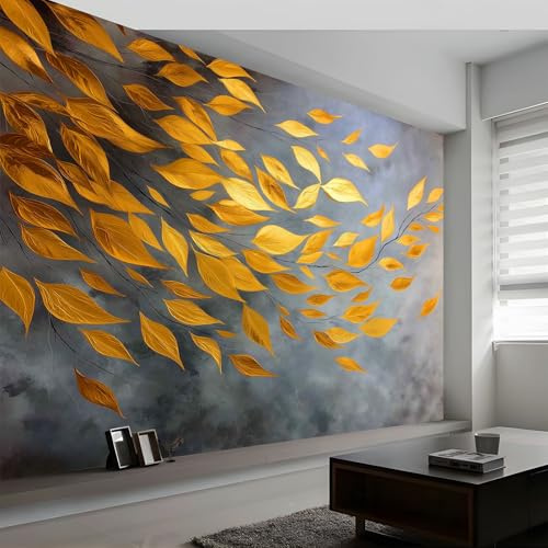 Générique Papier Peint Panoramique Plantes Or Feuilles, Papier Peint Intissé Style Artistique pour Chambre Salon Salle À Manger Décoration Murale - Fond D'Écran Photo Moderne Art Mural 250L x 175H cm