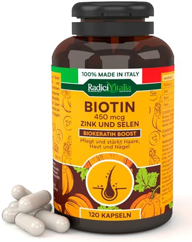 Biotina Integratore Zinco e Selenio 450mcg con Vitamina B7 per Unghie Forti Pelle Sana e Crescita dei Capelli con Estratto di Zucca RadiciVitalia Made in Italy - 120 Capsule per 4 Mesi di Trattamento