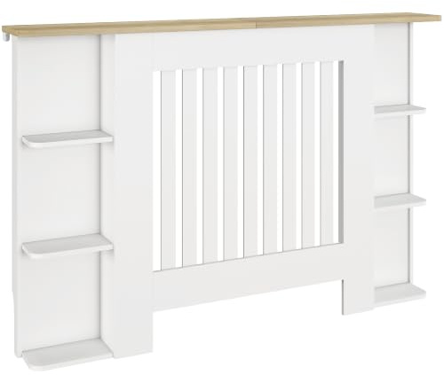 HOMCOM Cache-Radiateur Couvercle de Radiateur 124 x 19 x 83 cm Blanc | Étagères de Rangement Ouvertes, en Bois à Lattes Verticales, pour Salon Chambre à Coucher Couloir