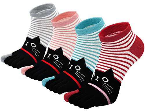 PUTUO Chaussettes 5 Doigts Femme - Orteils en Coton, Chaussettes Animales Filles Multicolores Motif Chat, 4 Paires, Taille Unique, Multicolore 1